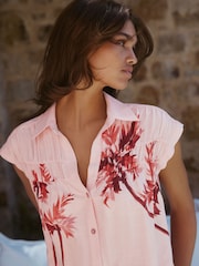 Pink Palm Print Short Sleeve Shirt with Linen - Image 5 of 8