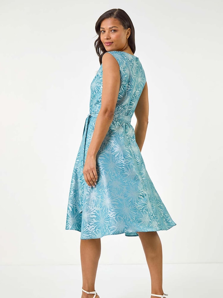 Roman Blue Jacquard Bow Front Fit and Flare Dress - Image 2 of 5