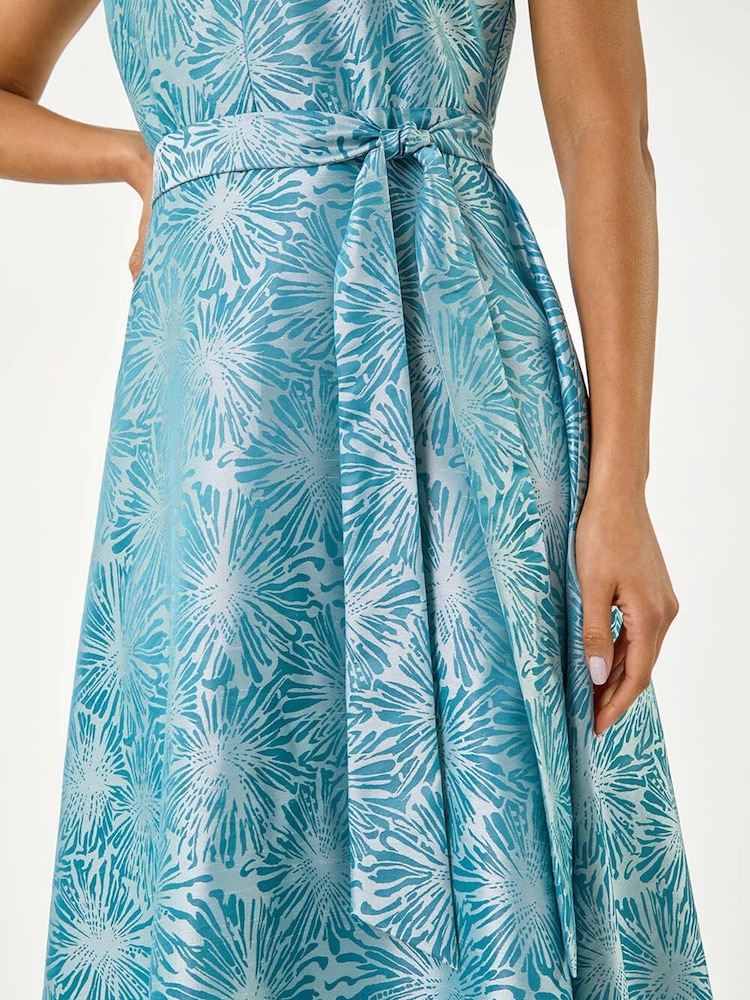 Roman Blue Jacquard Bow Front Fit and Flare Dress - Image 5 of 5