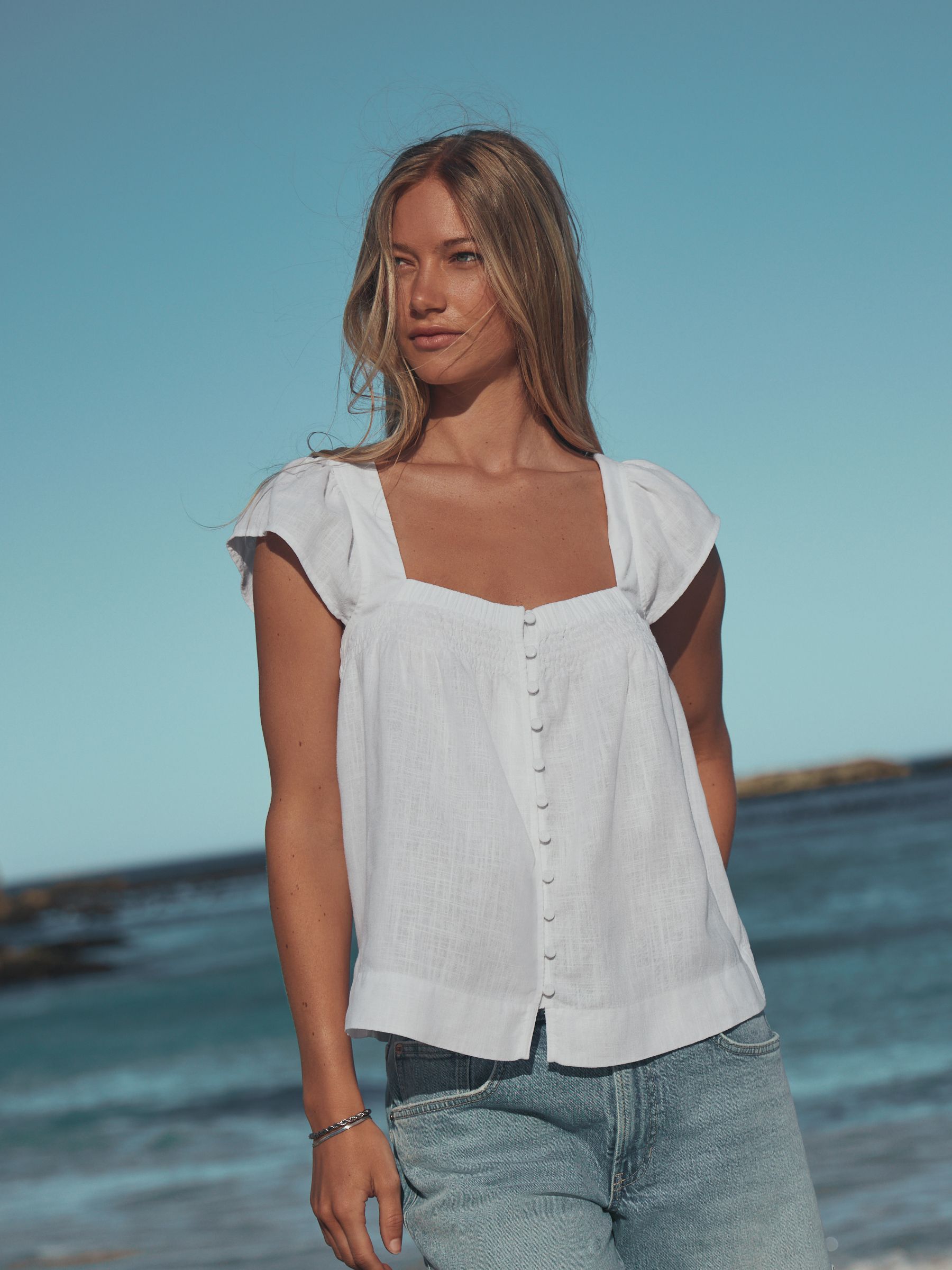 Cumpără Alb - Flutter Sleeve Button Front Top With Linen from Next