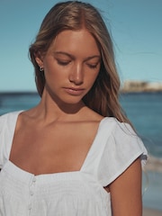 White Flutter Sleeve Button Front Top With Linen - Image 4 of 7