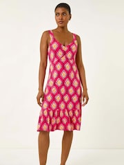 Roman Pink Geometric Print Strappy Frill Dress - Image 1 of 5