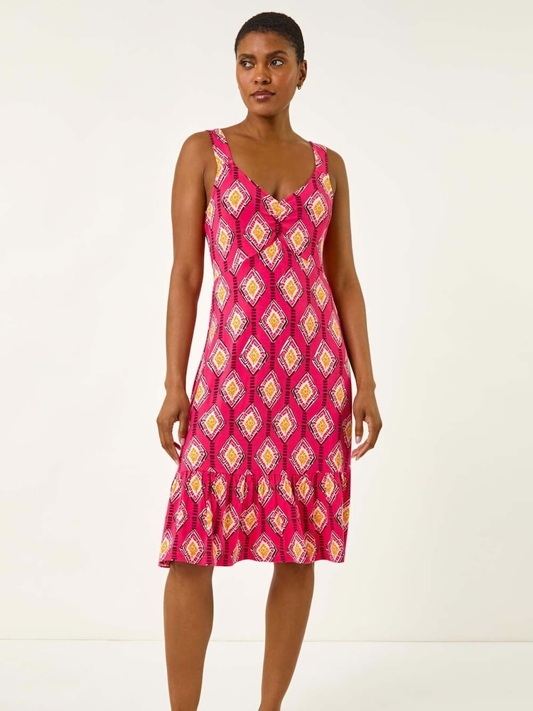 Roman Pink Geometric Print Strappy Frill Dress - Image 1 of 5