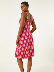 Roman Pink Geometric Print Strappy Frill Dress - Image 2 of 5