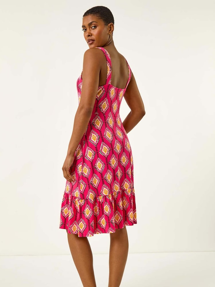 Roman Pink Geometric Print Strappy Frill Dress - Image 2 of 5