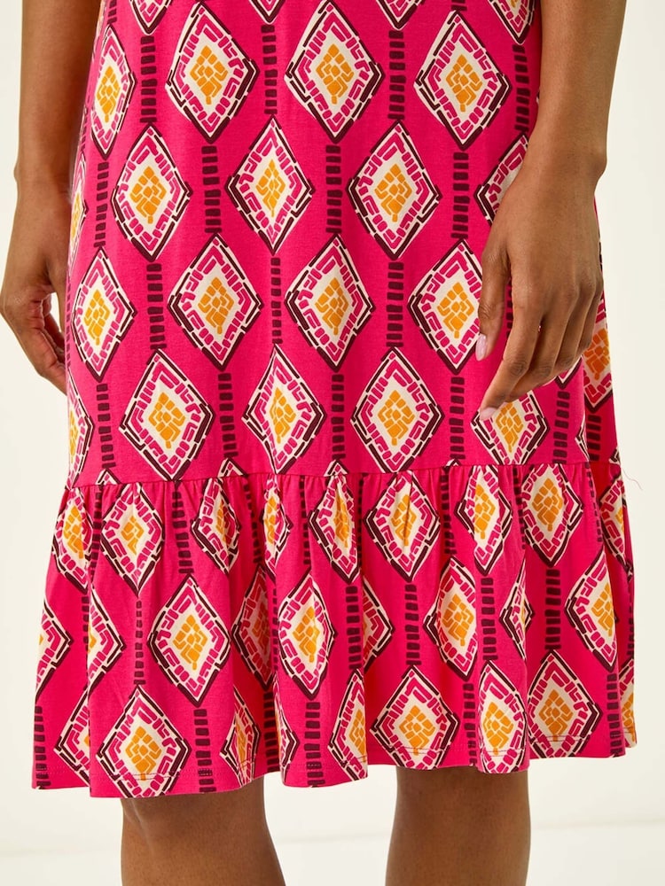 Roman Pink Geometric Print Strappy Frill Dress - Image 5 of 5