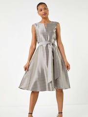 Roman Grey Jacquard Bow Front Fit and Flare Dress - Image 1 of 5