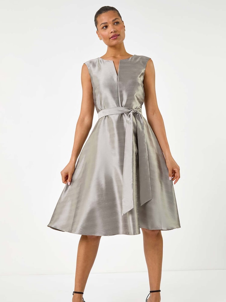 Roman Grey Jacquard Bow Front Fit and Flare Dress - Image 1 of 5