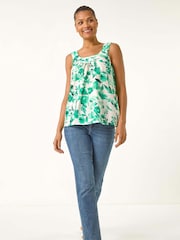 Roman Green Floral Print Pleated Vest Top - Image 2 of 5