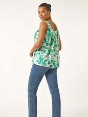 Roman Green Floral Print Pleated Vest Top - Image 3 of 5