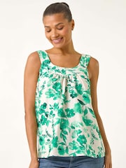 Roman Green Floral Print Pleated Vest Top - Image 4 of 5
