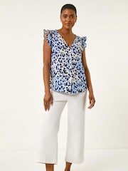 Roman Blue Animal Print Frill Sleeve Blouse - Image 2 of 5