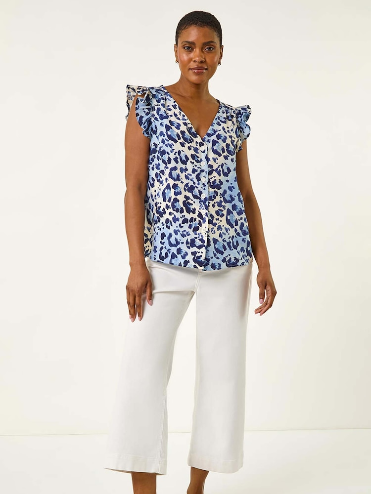 Roman Blue Animal Print Frill Sleeve Blouse - Image 2 of 5