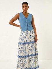 Roman White Floral Print Contrast Print A-Line Skirt - Image 2 of 5