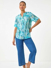 Roman Blue Abstract Buttoned V-Neck Blouse - Image 1 of 5