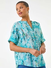 Roman Blue Abstract Buttoned V-Neck Blouse - Image 2 of 5