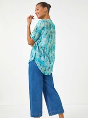 Roman Blue Abstract Buttoned V-Neck Blouse - Image 3 of 5
