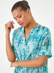 Roman Blue Abstract Buttoned V-Neck Blouse - Image 4 of 5