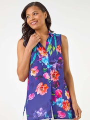 Roman Purple Floral Leaf Print Longline Button Blouse - Image 1 of 5