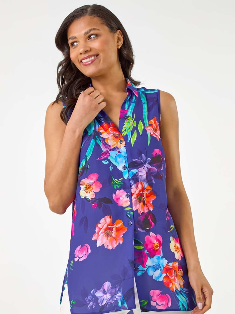 Roman Purple Floral Leaf Print Longline Button Blouse - Image 1 of 5