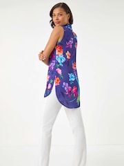 Roman Purple Floral Leaf Print Longline Button Blouse - Image 2 of 5