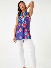 Roman Purple Floral Leaf Print Longline Button Blouse - Image 3 of 5