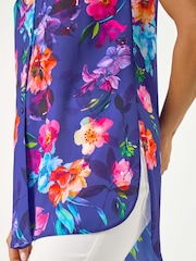 Roman Purple Floral Leaf Print Longline Button Blouse - Image 5 of 5