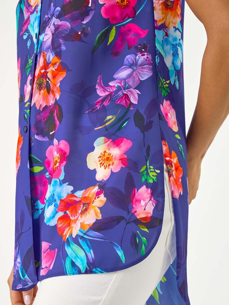 Roman Purple Floral Leaf Print Longline Button Blouse - Image 5 of 5