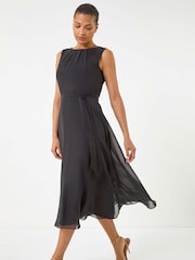 Roman Black Chiffon Pleat Neck Midi Dress - Image 1 of 5