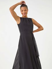 Roman Black Chiffon Pleat Neck Midi Dress - Image 2 of 5