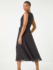 Roman Black Chiffon Pleat Neck Midi Dress - Image 3 of 5