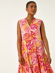 Roman Pink Leaf Print Buttoned Smock Dress - Image 1 of 5