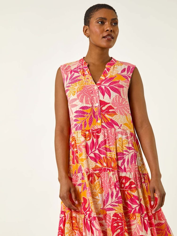 Roman Pink Leaf Print Buttoned Smock Dress - Image 1 of 5