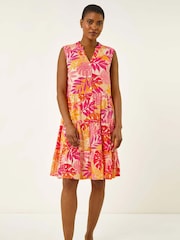 Roman Pink Leaf Print Buttoned Smock Dress - Image 2 of 5