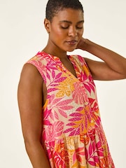 Roman Pink Leaf Print Buttoned Smock Dress - Image 4 of 5