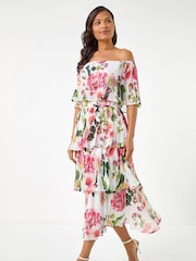 Roman White Bardot Floral Print Tiered Dress - Image 2 of 5