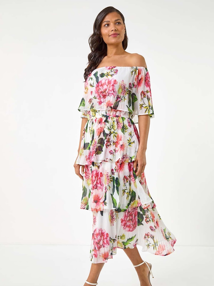 Roman White Bardot Floral Print Tiered Dress - Image 2 of 5