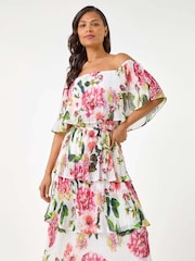 Roman White Bardot Floral Print Tiered Dress - Image 3 of 5