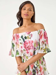 Roman White Bardot Floral Print Tiered Dress - Image 4 of 5