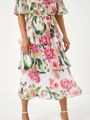 Roman White Bardot Floral Print Tiered Dress - Image 5 of 5