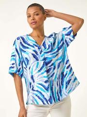 Roman Blue Animal Print Pleated Tunic Top - Image 1 of 5