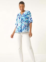 Roman Blue Animal Print Pleated Tunic Top - Image 2 of 5