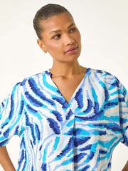 Roman Blue Animal Print Pleated Tunic Top - Image 4 of 5