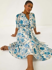 Roman Blue Floral Print Midi Shirt Dress - Image 1 of 5