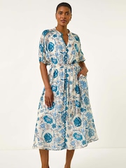 Roman Blue Floral Print Midi Shirt Dress - Image 2 of 5