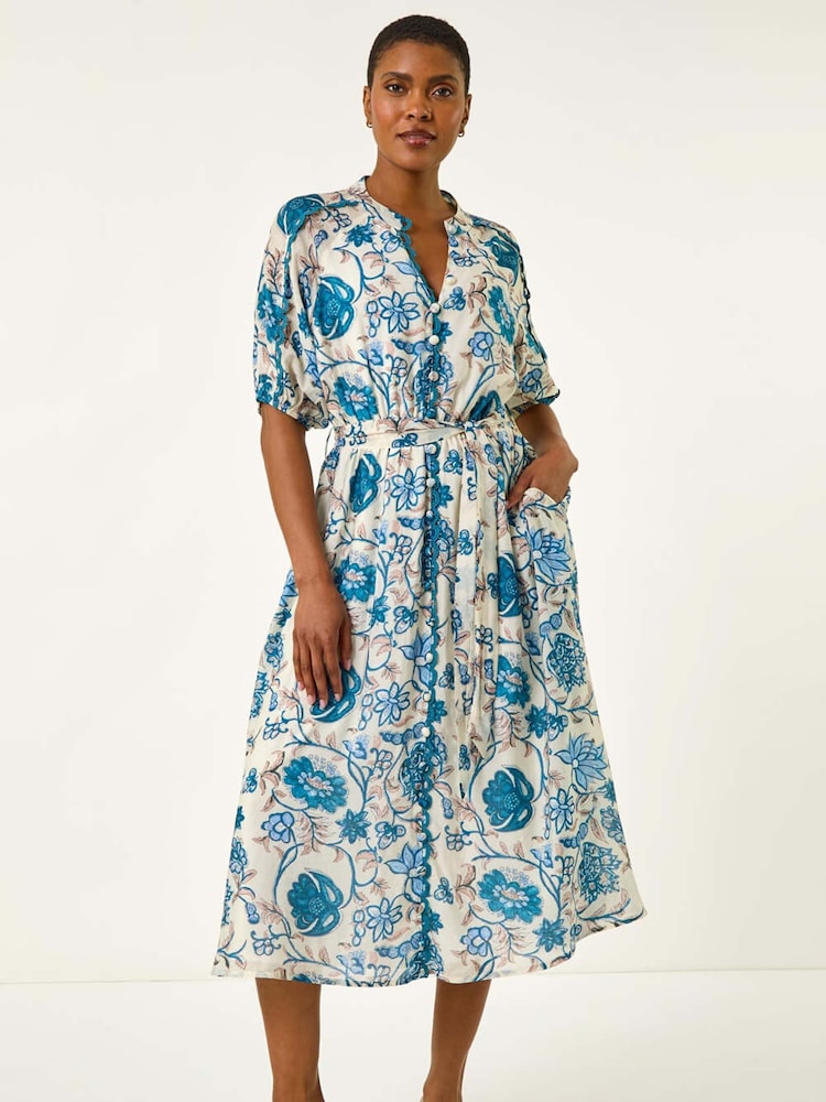 Roman Blue Floral Print Midi Shirt Dress - Image 2 of 5
