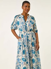 Roman Blue Floral Print Midi Shirt Dress - Image 4 of 5