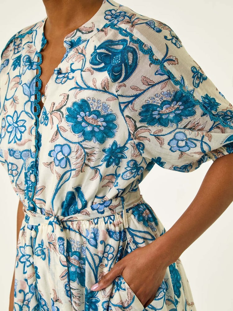 Roman Blue Floral Print Midi Shirt Dress - Image 5 of 5