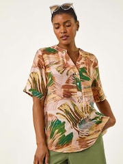 Roman Brown Abstract Print V-Neck Button Blouse - Image 1 of 5