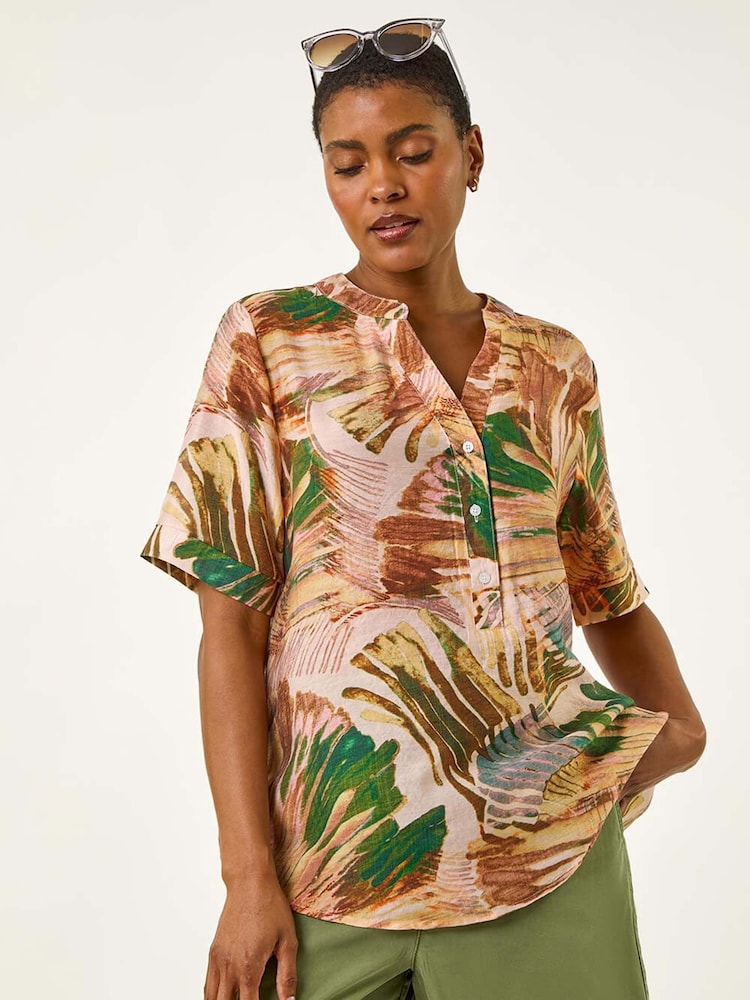 Roman Brown Abstract Print V-Neck Button Blouse - Image 1 of 5